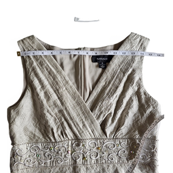 R&M Richards Iridescent Silver Jeweled Beaded Layered V Neck Cocktail Midi Dress - Picture 12 of 16